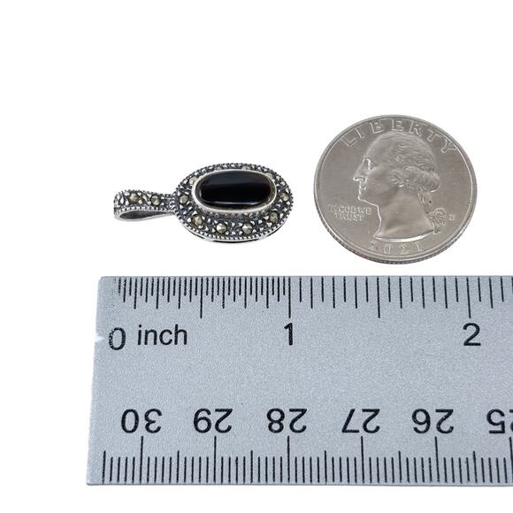 Estate Sterling Silver 925 Marcasite Oval Onyx Pendant - Picture 8 of 9